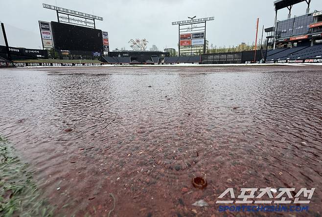 21일 대전 한화생명볼파크. 전날보다 더 많은 비가 내리는 가운데 그라운드에 물이 고였다. 사진=정재근 기자 cjg@sportschosun.com