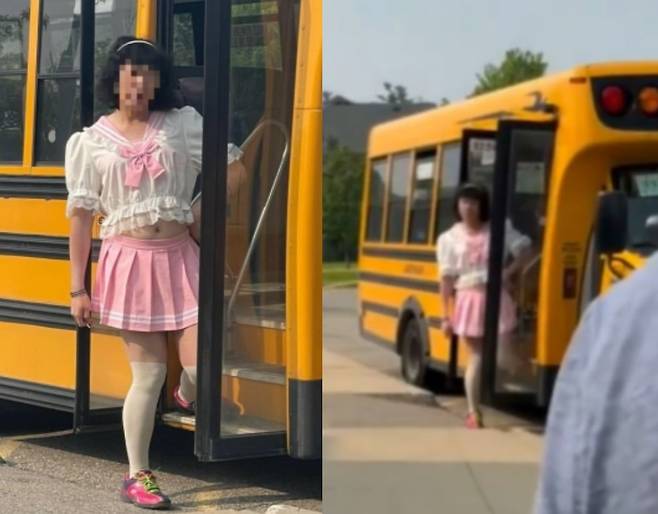 캐나다의 한 버스 기사가 분홍 교복과 스타킹을 착용했다./X(옛 트위터)
