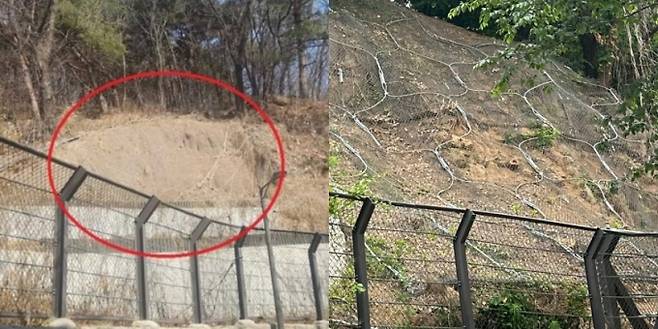 지난해 관악구 신림동 한 중학교 뒷편 토사물이 방치된 모습(왼쪽), 신림지구대 경찰관들의 요청으로 해당 위치에 산사태 방지용 그물망이 설치된 모습(오른쪽). /사진제공=관악경찰서.