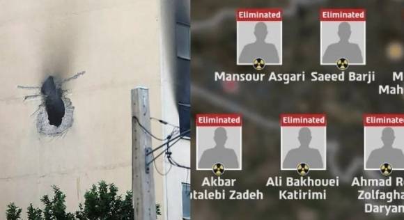 이스라엘의 공습으로 이란 아파트 외벽에 뚫린 구멍과 제거된 9명의 이란 핵 과학자