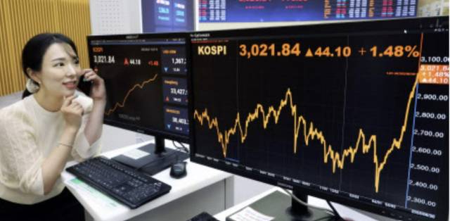 코스피 지수가 종가 기준으로 3년 6개월 만에 3000선을 돌파한 20일 한국거래소 직원이 전화 통화를 하며 주가지수를 살펴보고 있다. 사진 제공=한국거래소