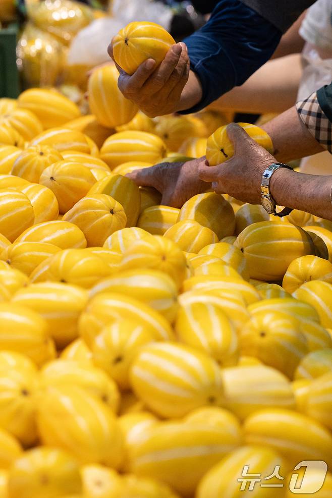 열무, 참외 등 여름 제철 농산물 가격이 줄줄이 오름세를 보이는 가운데 22일 서울 시내의 한 대형 마트 할인 매대에서 시민들이 참외를 고르고 있다. 2025.6.22/뉴스1 ⓒ News1 이승배 기자