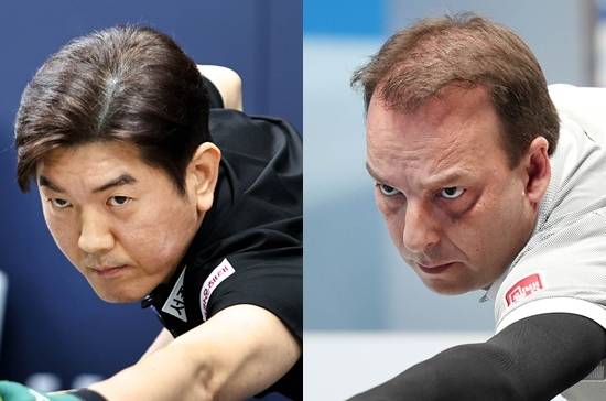 25/26 우리금융캐피탈PBA챔피언십 16강전이 마무리되며 8강 매치업이 완성됐다. 크라운해태 리더 김재근(왼쪽)은 ‘레전드’ 산체스와 4강행 티켓을 놓고 대결한다 (사진=PBA)