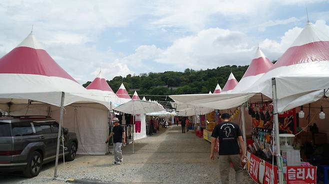 [논산=뉴시스]논산시 관촉사 인근 임시주차장에서 품바 장터가 열렸다. 그러나 장터 내 먹거리 부스 9곳이 위생허가를 득하지 않고 영업한 것으로 드러나 말썽이다. 2025. 06. 22 photo@newsis.com *재판매 및 DB 금지
