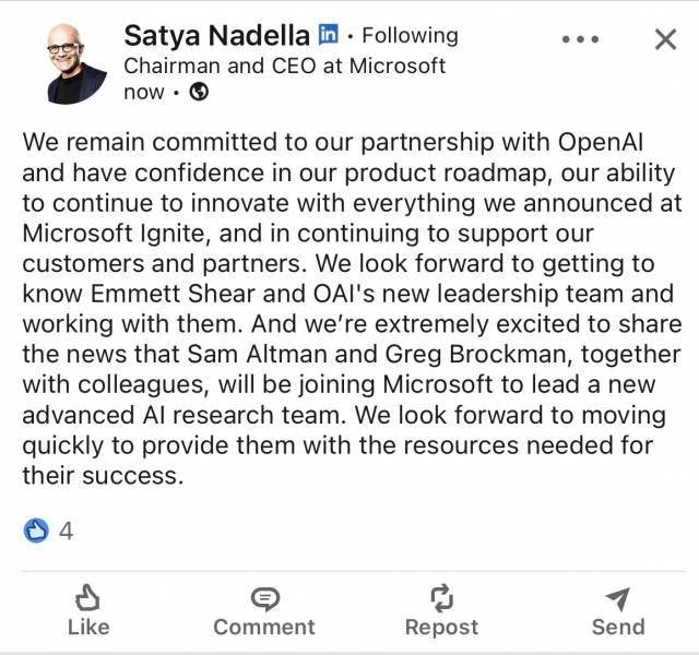 2023년 11월 사티아 나델라 MS CEO가 오픈AI에서 쫓겨난 샘 올트먼 CEO가 MS 리서치 팀을 이끌게 됐다고 밝히고 있다. /사티아 나델라 MS CEO 개인 링크드인 계정 갈무리