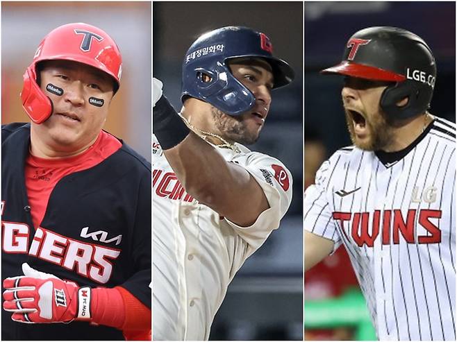 KIA 최형우, 롯데 빅터 레이예스, LG 오스틴 딘(왼쪽부터)은 올 시즌 상대 배터리가 정면승부를 꺼리는 타자들이다. 이들을 고의4구로 걸러낸 배터리들이 적지 않다. 사진제공|KIA 타이거즈·롯데 자이언츠·LG 트윈스