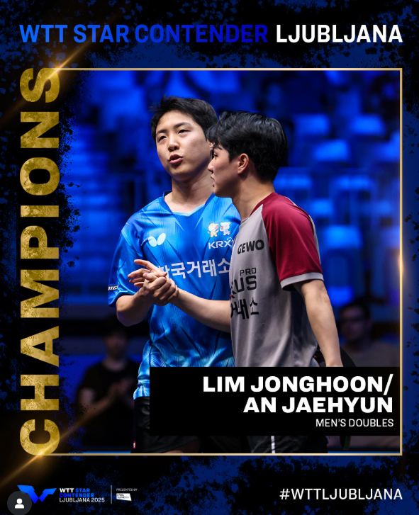 임종훈(왼쪽)-안재현이 21일(한국시간) 슬로베니아 할라 티볼리에서 열린 WTT 스타 컨텐더 류블랴나 대회 5일째 남자복식 결승에서 알렉시스 르브런-펠릭스 르브런을 게임 스코어 3-0으로 꺾고 금메달을 목에 걸었다. 지난달 카타르 도하에서 열린 2025세계선수권대회에서 부진을 씻어내며 재도약의 신호탄을 쐈다. 사진출처│WTT 인스타그램
