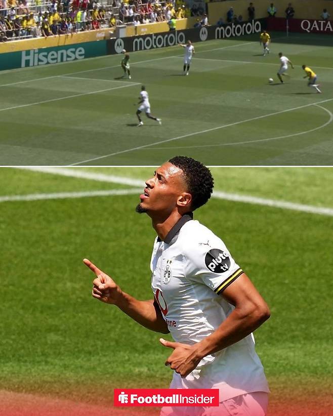 2025 국제축구연맹(FIFA) 클럽 월드컵 조별리그 F조 2차전 마멜로디 선다운스 론웬 윌리엄스의 실수 장면(위)과 이 실수를 놓치지 않고 동점골로 만든 보루시아 도르트문트 펠리스 은메차. /사진=풋볼인사이더 SNS 캡처