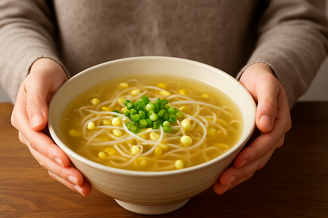 양손으로 콩나물 국을 들고 있는 모습