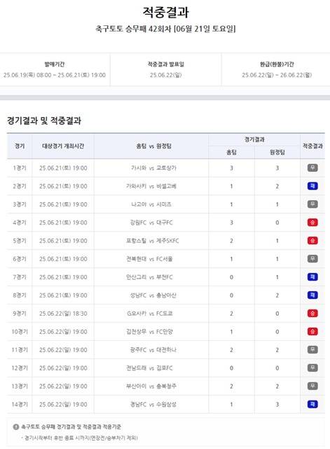 축구토토 승무패 42회차 적중 결과.