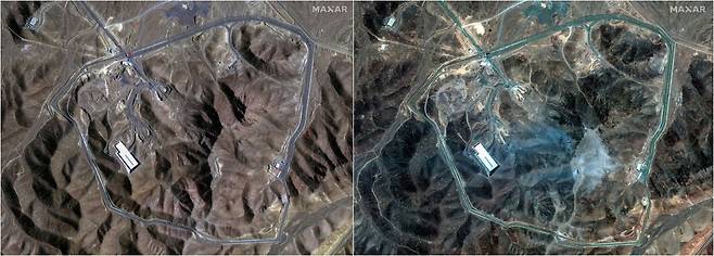 22일 막사 테크놀로지가 촬영한 미군의 폭격 이후 이란 포르도 핵시설 모습(오른쪽)과 이틀 전 사진(왼쪽). /로이터 연합뉴스