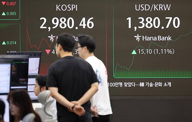 23일 오전 서울 중구 하나은행 딜링룸 전광판에 코스피 지수가 표시되고 있다.  이날 코스피는 미국의 이란 타격 등 대내외 악재에 3000선을 내주며 약세로 출발했다. 지난주 말 3년 반 만의 3000선 회복 후 거래일 기준 하루 만이다.  2025.6.23 (서울=뉴스1)