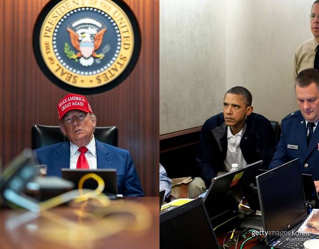 21일(현지 시간) 이란 내 핵 시설 3곳에 대한 폭격을 발표한 직후 백악관이 공개한 도널드 트럼프 대통령의 워룸(War Room) 사진(왼쪽), 2011년 5월 미국이 오사마 빈 라덴 사살 작전을 진행할 당시 백악관이 공개한 버락 오바마 전 대통령의 상황실 모습. 백악관 엑스(X·옛 트위터) 캡처·ⓒ(GettyImages)/코리아