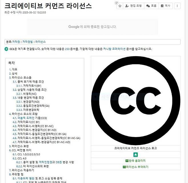 나무위키에 소개된 크리에이티브커먼즈. 화면 갈무리