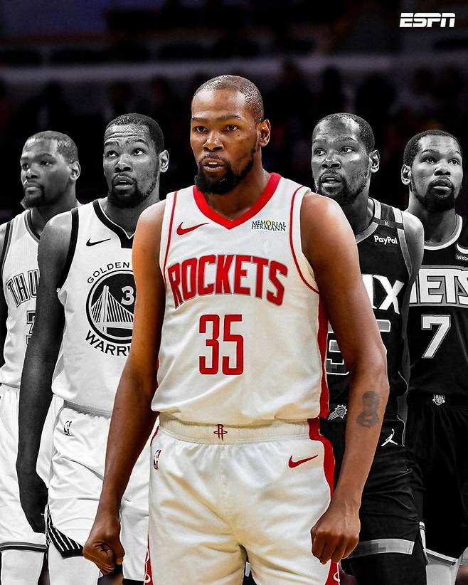 NBA 슈퍼스타 케빈 듀란트가 23일 본인 입으로 휴스턴행 소식을 전했다. 듀란트는 커리어 5번째 팀에서 또 다른 우승 반지 사냥에 나선다. 사진=ESPN SNS