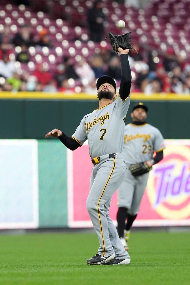 <yonhap photo-2786=""> CINCINNATI, OHIO - APRIL 11: Isiah Kiner-Falefa #7 of the Pittsburgh Pirates catches a pop fly hit by Jeimer Candelario #3 of the Cincinnati Reds during the third inning at Great American Ball Park on April 11, 2025 in Cincinnati, Ohio. Jason Mowry/Getty Images/AFP (Photo by Jason Mowry / GETTY IMAGES NORTH AMERICA / Getty Images via AFP)/2025-04-12 10:33:22/ <저작권자 ⓒ 1980-2025 ㈜연합뉴스. 무단 전재 재배포 금지, AI 학습 및 활용 금지></yonhap>