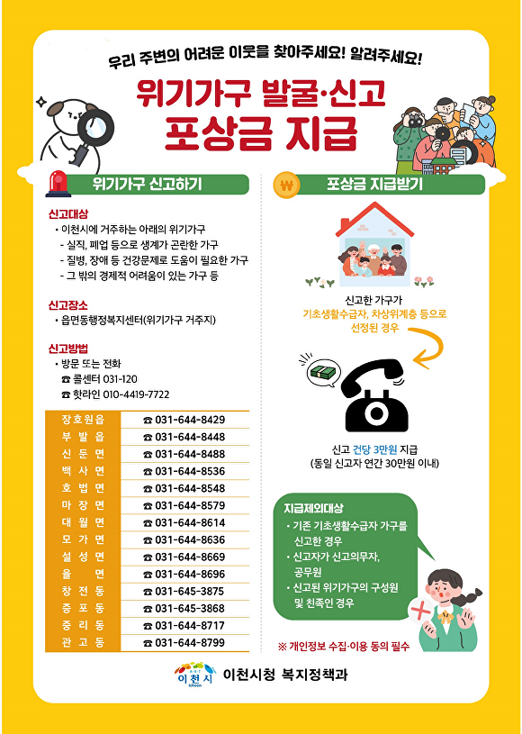 위기가구 발굴·신고 포상금 지급제도 홍보물. [사진=이천시]