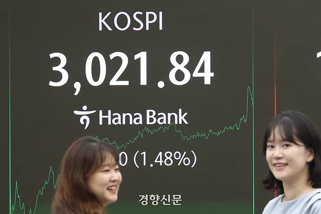코스피 종가가 전날 대비 44.10포인트(1.48%) 상승한 3021.84원으로 마무리하며 3년6개월 만에 3천선을 넘은 29일 서울 중구 하나은행 딜링룸에서 딜러들이 포즈를 취하고 있다. 한수빈 기자