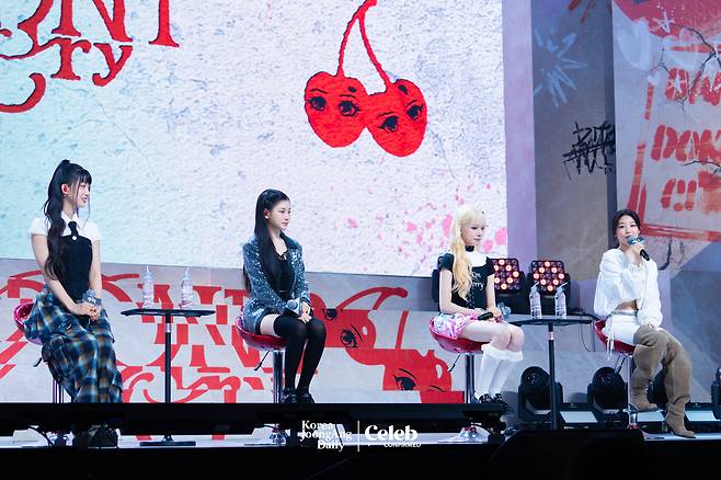 Girl group Baby DONT Cry answers reporters' questions during a a showcase for the release of its first single, “F Girl,” at Blue Square in central Seoul on June 23. [DANIELA GONZALEZ PEREZ]