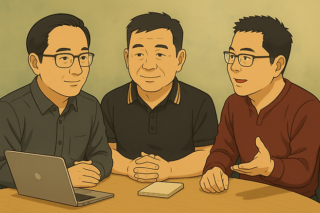 챗지피티를 통해 생성한 기자들의 뒷담화 모습. 왼쪽부터 김두헌 호남교육신문 기자, 고정언 아시아뉴스통신 기자, 신영삼 쿠키뉴스 기자.