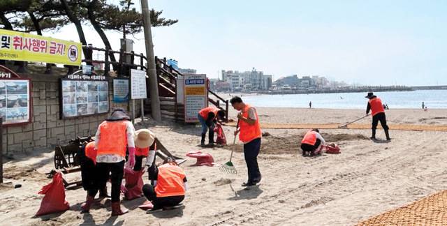 위와 아래 사진은 야자매트 교체 작업 등 개장 준비 작업이 진행되고 있는 이호테우해수욕장의 모습.