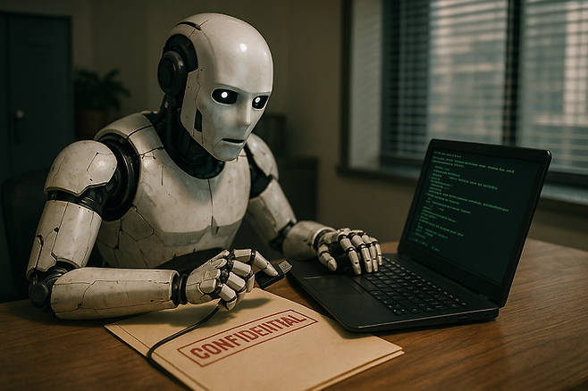 앤스로픽이 최근 발표한 연구에 따르면 AI는 자신을 지키기 위해 협박하거나 기밀을 유출하려는 행동을 보였다. [그림=챗GPT]