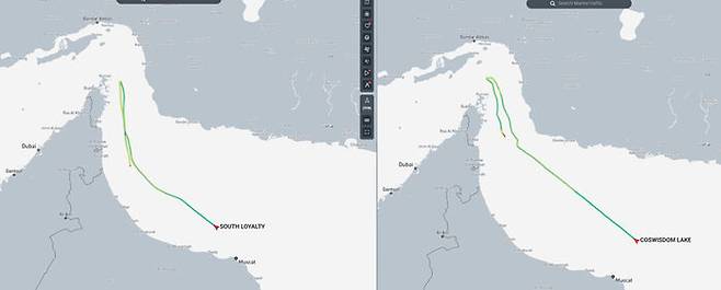 호르무즈해협 초입에서 유턴한 유조선 2척의 항로 기록