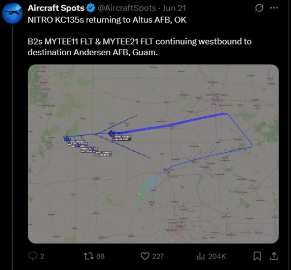 미군은 ‘미드나잇 해머’ 작전 중 초대형 폭탄인 벙커버스터를 실을 수 있는 B-2 폭격기 여러 대를 이용해 기만전술을 펼쳤다. 사진은 21일(현지시간) 미주리주(州)에 있다가 일제히 괌으로 향하는 ‘미끼 작전’을 수행한 B-2 폭격기들의 경로.