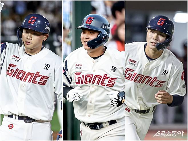 롯데가 박찬형, 박재엽, 한승현(왼쪽부터)을 비롯한 저연차 선수들의 활약을 앞세워 상승세를 이어가고 있다. 사진제공｜롯데 자이언츠