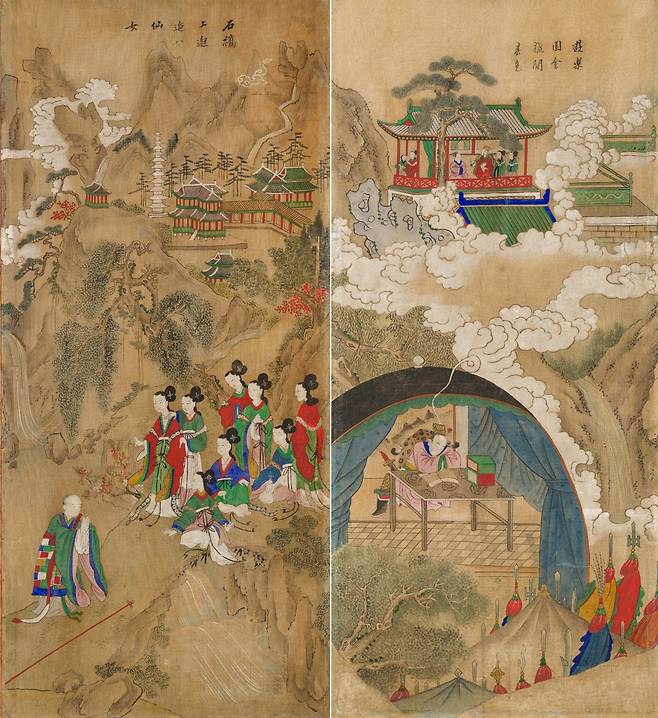 '구운몽도 병풍' 일부  왼쪽은 성진이 팔선녀를 만나는 장면(1폭), 오른쪽은 양소유가 용왕의 딸 백능파를 만나는 꿈을 꾸는 장면(6폭) [국가유산청 제공. 재판매 및 DB 금지]