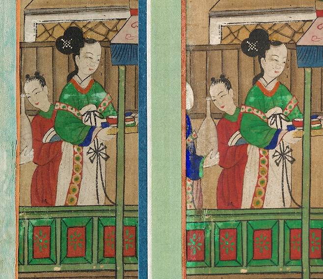 보존 처리 전(왼쪽)과 후 모습  장황 직물에 가려져 있던 그림이 발견돼 화면을 넓혀 그림이 드러나도록 했다 [국가유산청 제공. 재판매 및 DB 금지]