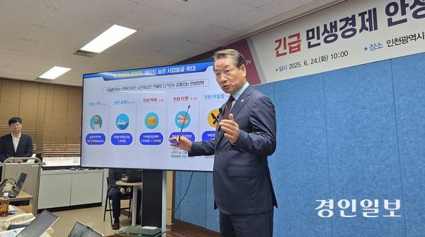 유정복 인천시장이 24일 시청 브리핑룸에서 ‘긴급 민생경제 안정대책’을 발표하고 있다. 2025.6.24./ 김희연기자 khy@kyeongin.com