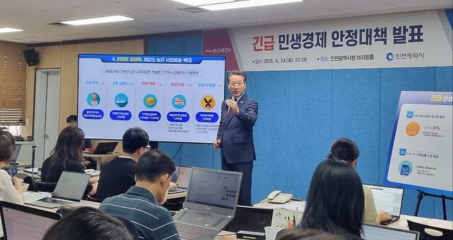 유정복 인천시장이 24일 인천시청에서 민생경제 안정대책을 발표하고 있다. 강준완 기자