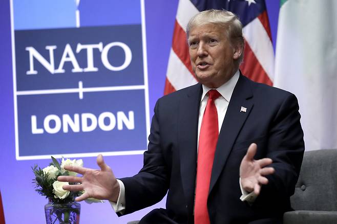 President Donald Trump speaks during the NATO summit, Dec. 4, 2019, in Watford, England. [AP/YONHAP]
