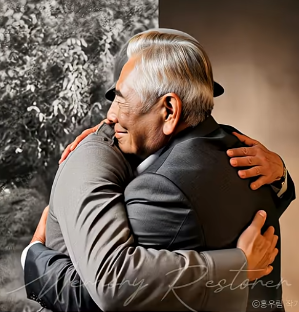 ‘Ai 복원, 6.25 참전용사, 과거의 나를 만나다’ 영상. 오찬영 참전용사의 과거와 현재 모습이 서로를 끌어안고 있다. [사진 = 유튜브 ‘기억복원소’ 캡쳐]