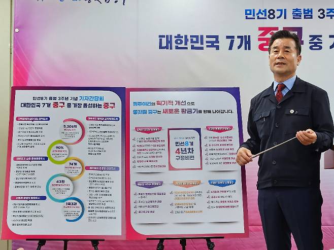 김영길 중구청장이 24일 4년차 구정비전인 △활력이 넘치는 희망중구 △일상이 든든한 안심중구 △마음을 나누는 동행중구 △자연이 숨쉬는 녹색중구 △주민이 행복한 소통 중구를 설명하고 있다. 반웅규 기자