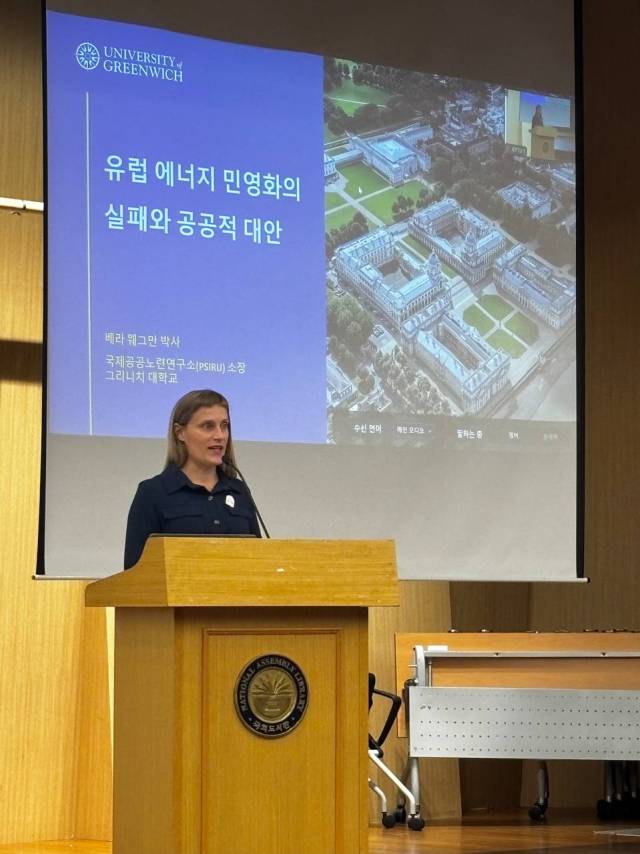 ▲베라 웨그만 소자잉 6월 18일 서울 여의도 국회의원회관에서 열린 공공재생에너지연대 국제심포지엄에 참석해 강연을 하는 모습. ⓒ김선철(공공재생에너지연대)