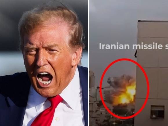 왼쪽은 트럼프 미국 대통령. 24일(현지시간) 이란이 이스라엘을 향해 미사일을 발사해 최소 4명이 숨지고 8명이 부상했다. 사진은 이란의 공습을 받은 이스라엘 남부 지역. 엑스 캡처