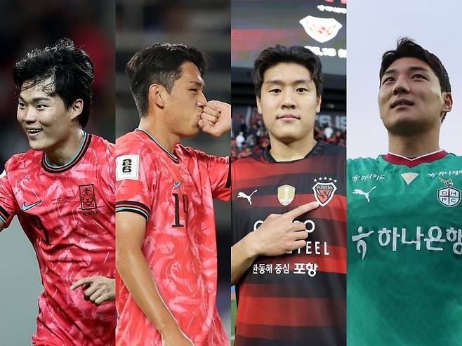 2026북중미월드컵의 대표팀 주전 스트라이커 자리를 두고 경쟁이 뜨겁다. 6월 대표팀 명단에 이름을 올린 오현규, 오세훈에 이어 올 시즌 K리그1에서 꾸준한 득점력을 뽐내는 이호재와 주민규(왼쪽부터)까지 경쟁 구도가 넓어졌다. 대한축구협회·한국프로축구연맹