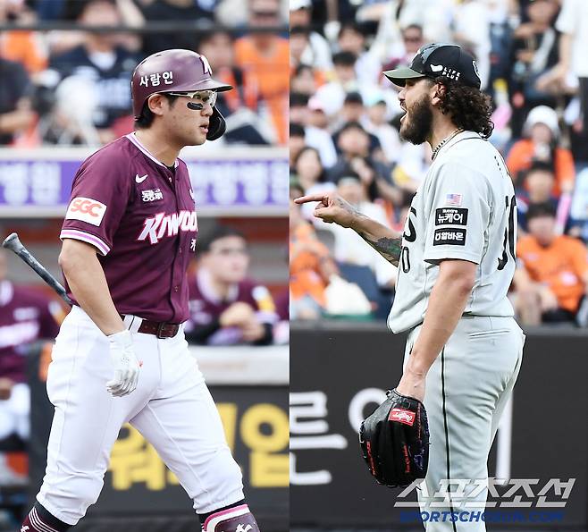 22일 대전 한화생명볼파크에서 열린 키움-한화전. 3회초 2사 1루 폰세와 임지열이 신경전을 벌이자 벤치클리어링이 발발하고 있다. 대전=정재근 기자 cjg@sportschosun.com/2025.6.22/