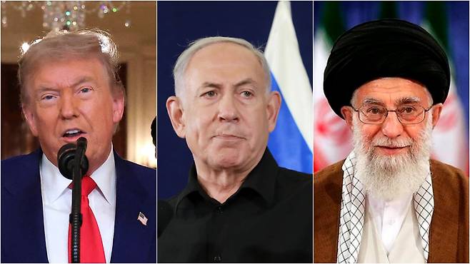 도널드 트럼프 미국 대통령, 베냐민 네타냐후 이스라엘 총리, 알리 하메네이 이란 최고 지도자(왼쪽부터)