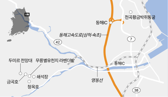 강원 동해시 무릉별유천지와 인근 관광지. 그래픽=이지원 기자