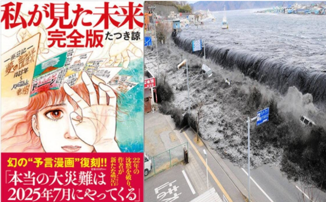 일본의 대재앙 등을 예언한 만화 '내가 본 미래' 표지(왼쪽 사진). 오른쪽 사진은 2011년 3월 동일본 대지진 당시 지진해일(쓰나미)이 육지를 덮치고 있는 모습이다. 온라인커뮤니티 캡처·한국일보 자료사진