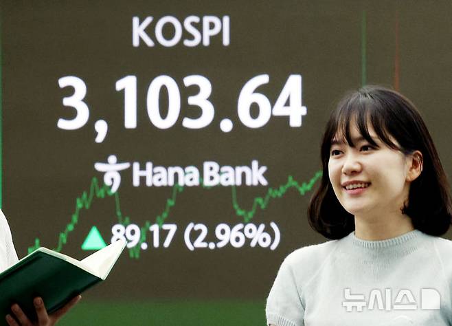 [서울=뉴시스] 김진아 기자 = 코스피 3년 9개월 만에 3,100선 회복한 24일 서울 중구 하나은행 딜링룸에서 딜러들이 업무를 보고 있다. 코스피는 전 거래일(3014.47)보다 89.17포인트(2.96%) 오른 3103.64에, 코스닥 지수는 전 거래일(784.79)보다 16.14포인트(2.06%) 상승한 800.93에 거래를 종료했다. 2025.06.24. bluesoda@newsis.com