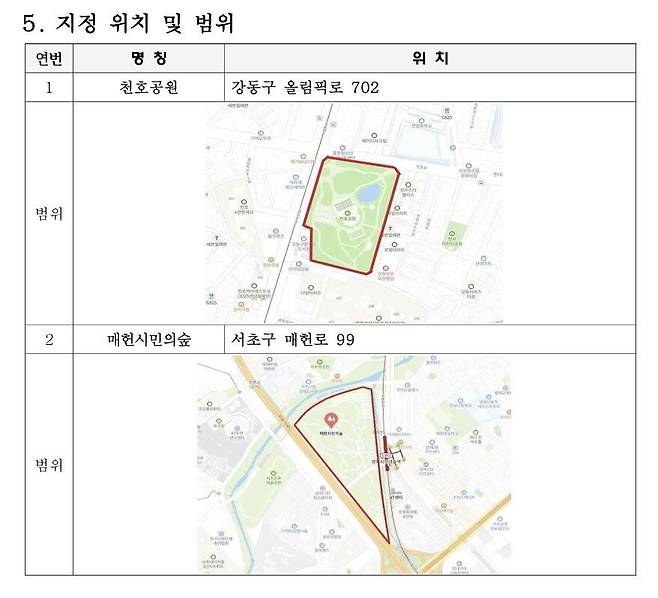 서울시가 고시한 유해야생동물 먹이주기 금지구역 지정 관련 내용 일부. 서울시 고시 캡처