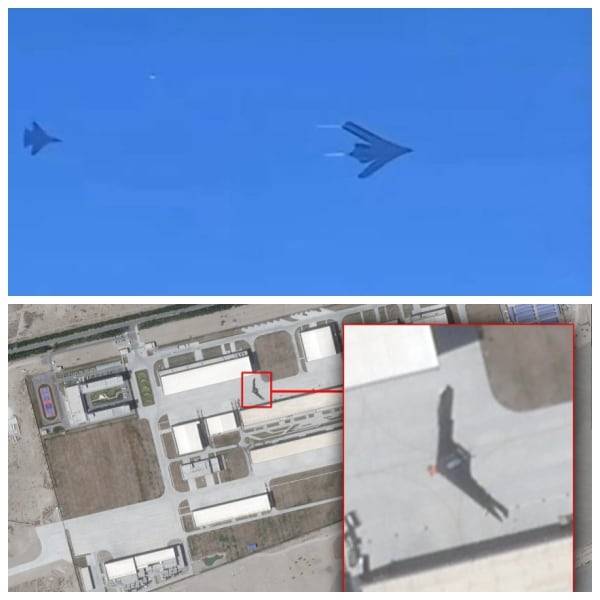 올해 1월초 중국 소셜미디어에서 화제가 됐던 정체 불명의 항공기(위)와, 지난 5월에 신장 자치구 말란의 스텔스ㆍ무인기 개발 기지 상공에서 촬영된 항공기. 중국이 그동안 미국에 뒤쳐졌던 H-20 스텔스 전략 폭격기 개발에서 진전을 이룬 것 아니냐는 추정이 나온다. /X