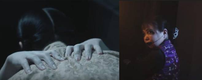 소녀를 우물로 끌어당기는 귀신의 손(좌). 손가락 힘이 상당해 보인다. 그도 그럴 것이, 정체가 사람이었다. 죽은 사람의 부장품으로 쓰는 인형(우)은 치워도 치워도 밤이면 다시 나타난다는 설정이어서 왜 불에 태우지 않을까 궁금했는데 알고보니 역시 사람이었다. (사진 출처 : 영화 <홍가의> 예고편 캡쳐)