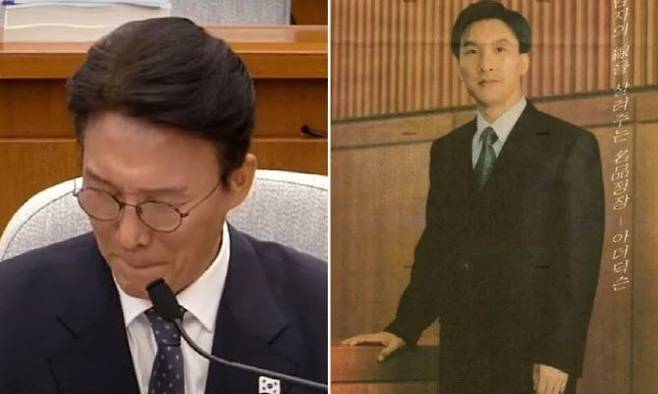 24일 국회 인사청문회에서 1999년 양복 모델 관련 질문을 받자 웃음을 참는 김민석 국무총리 후보자(왼쪽)와 신문에 실렸던 해당 광고. [YTN 캡처]