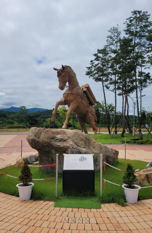 6·25 한국전쟁 당시 경기 연천 백학면 일대 험준한 지형을 누비며 참전 미군 등에 탄약을 실어 나른 군마 레클리스 하사 동상. 연천고랑포구역사공원에 있다.