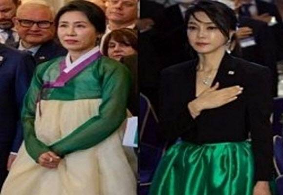 김혜경 여사가 캐나다 G7 초청국 리셉션에서 선보인 ‘녹의황상’(왼쪽). 윤석열 전 대통령의 첫 순방지였던 스페인에서 동포 초청 만찬간담회에 참석한 김건희 여사. (사진=뉴스1, 대통령실기자단)